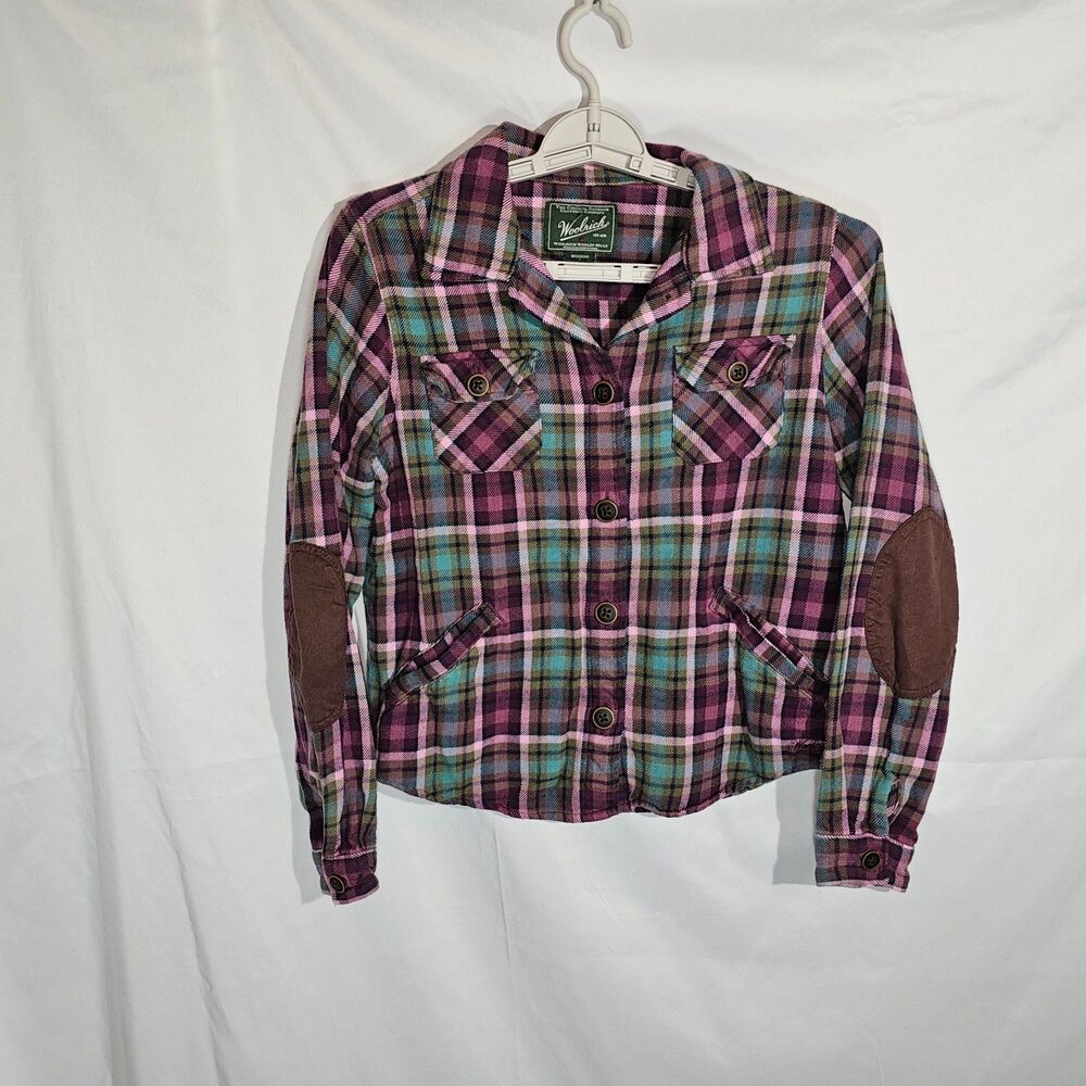 Woolrich Plaid Flannel Shirt Jacket Elbow Patches Purple Teal Cotton Size S